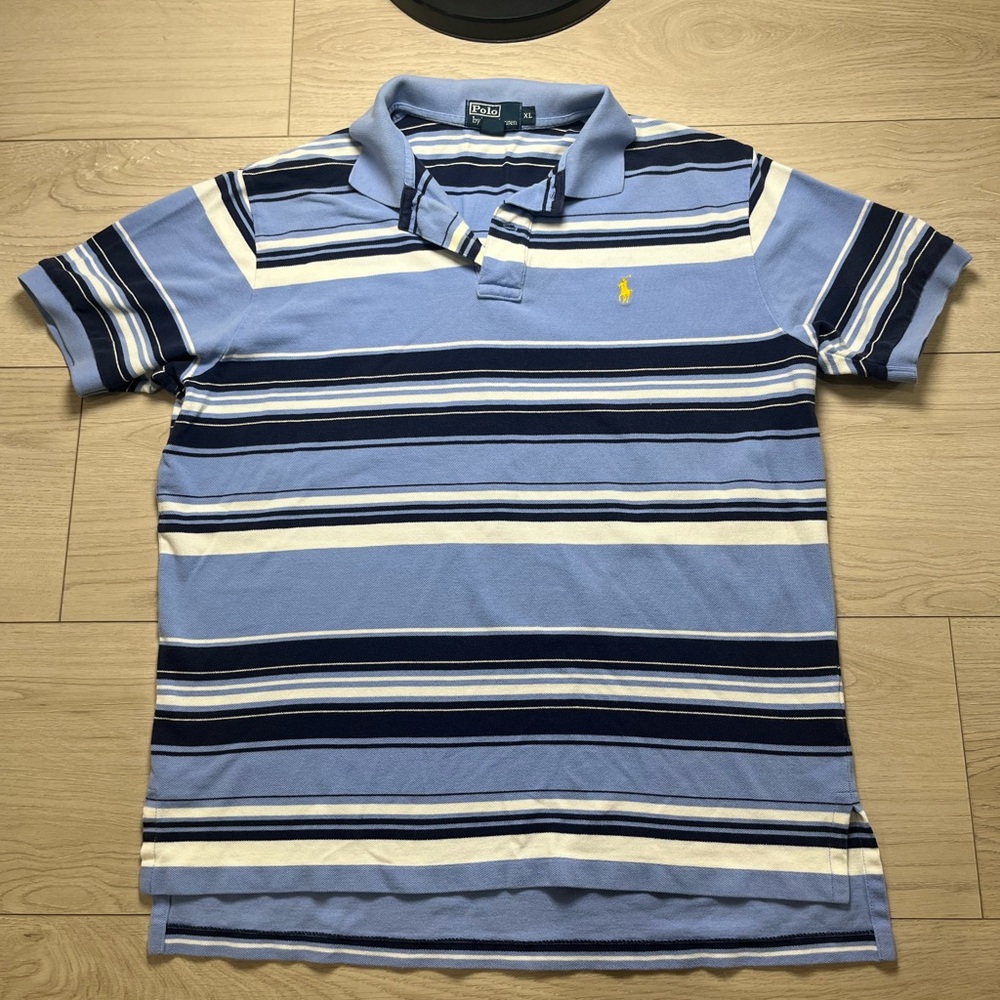 Polo Ralph Lauren Men's XL Navy Blue and White Striped Shirt 1990s Vintage